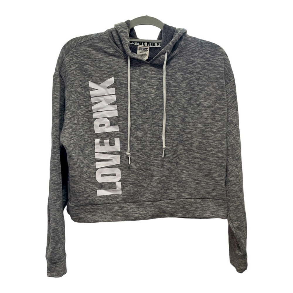Vs PINK Cropped Hoodie Heathered Grey with White Lettering Size S - Picture 1 of 4